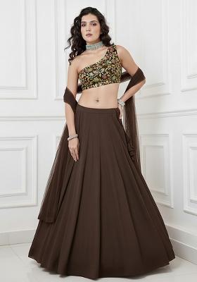 Brown Embroidered Georgette Lehenga Set