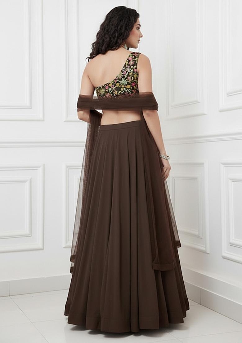 Brown Embroidered Georgette Lehenga Set - Indya