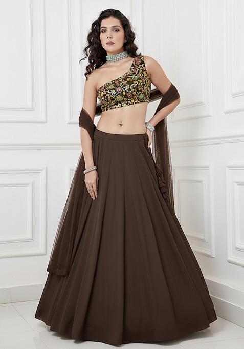 Brown Embroidered Gerogette Lehenga Set