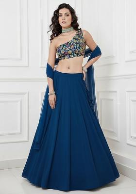 Dark Blue Embroidered Georgette Lehenga Set