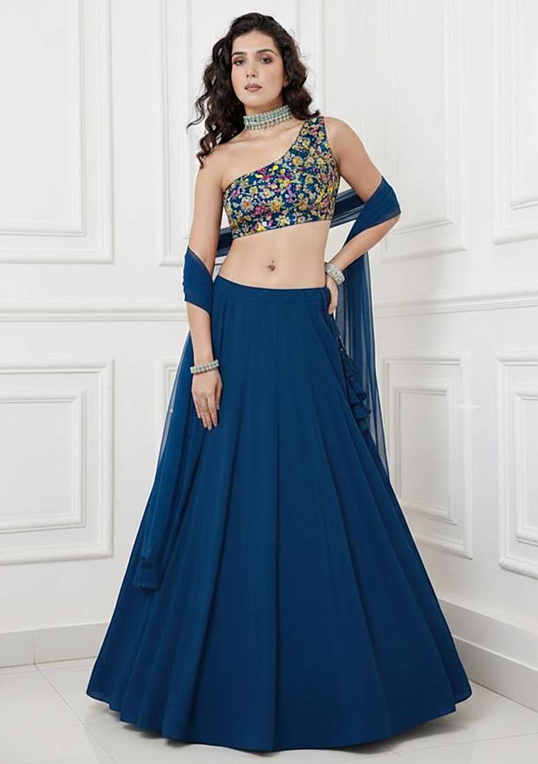 Dark Blue Embroidered Georgette Lehenga Set - Indya
