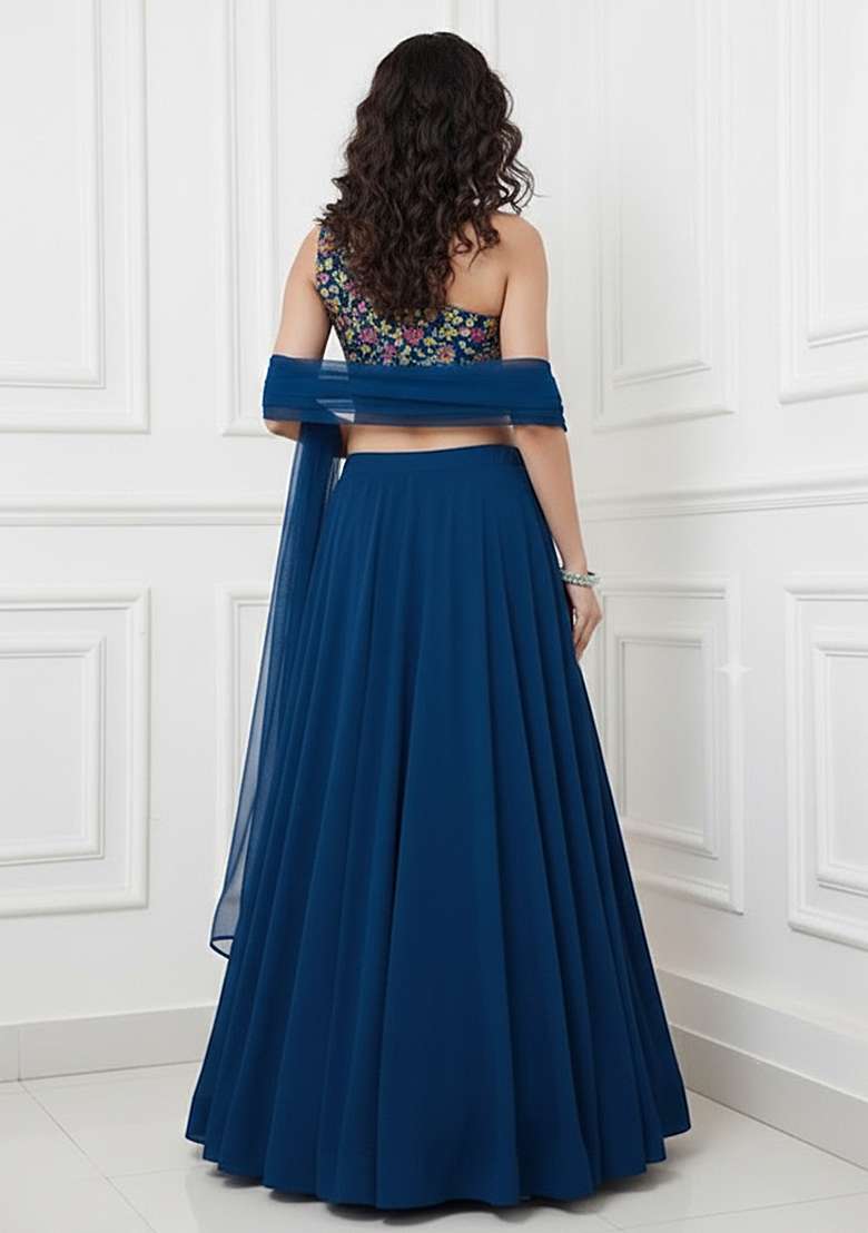 Dark Blue Embroidered Georgette Lehenga Set - Indya