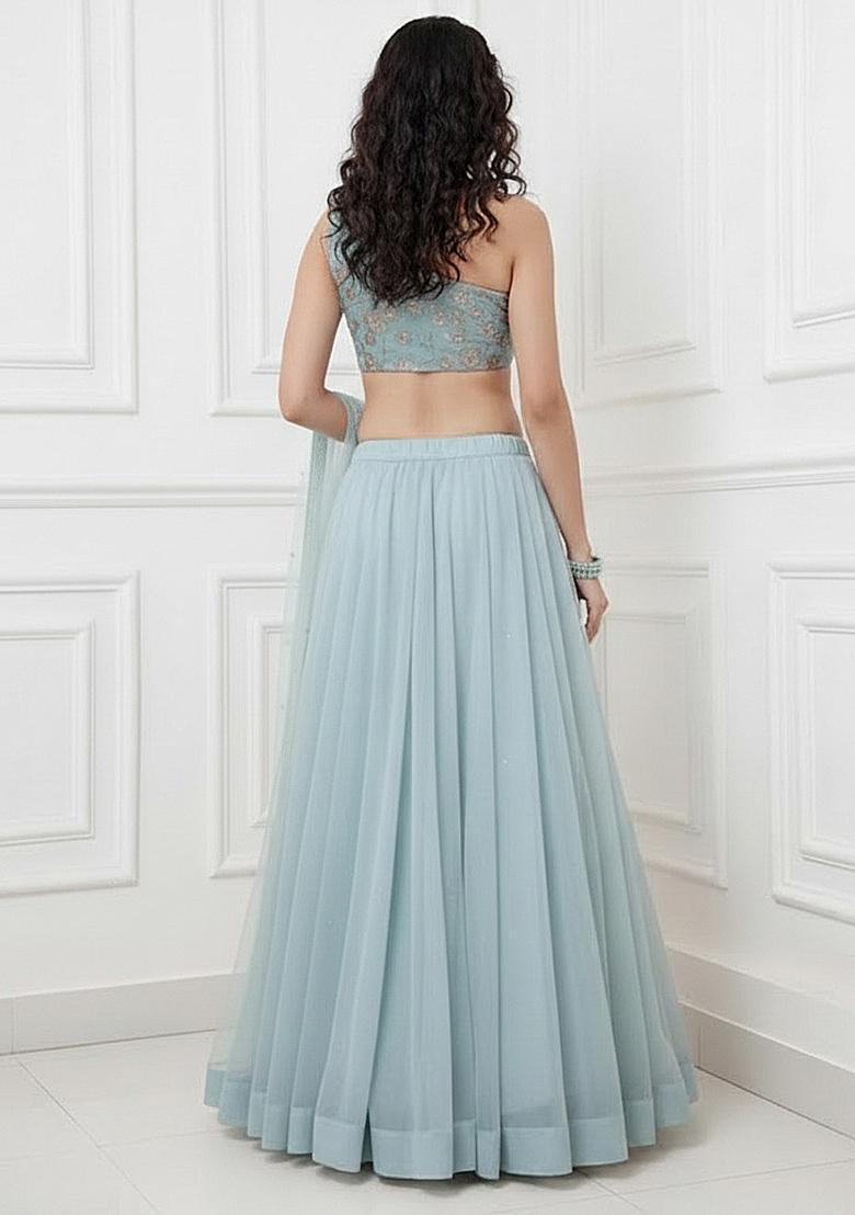 Blue Embroidered Silk Lehenga Set - Indya