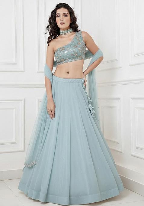 Blue Embroidered Silk Lehenga Set
