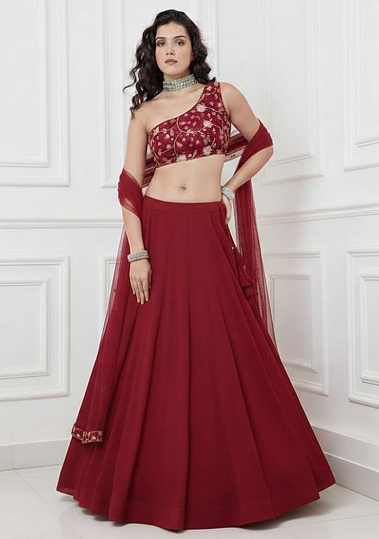 Red Silk Blend Lehenga Set with Embroidered for Diwali | Wedding & Festive Wear - Indya