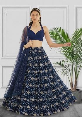 Navy Blue Embroidered Silk Lehenga Set