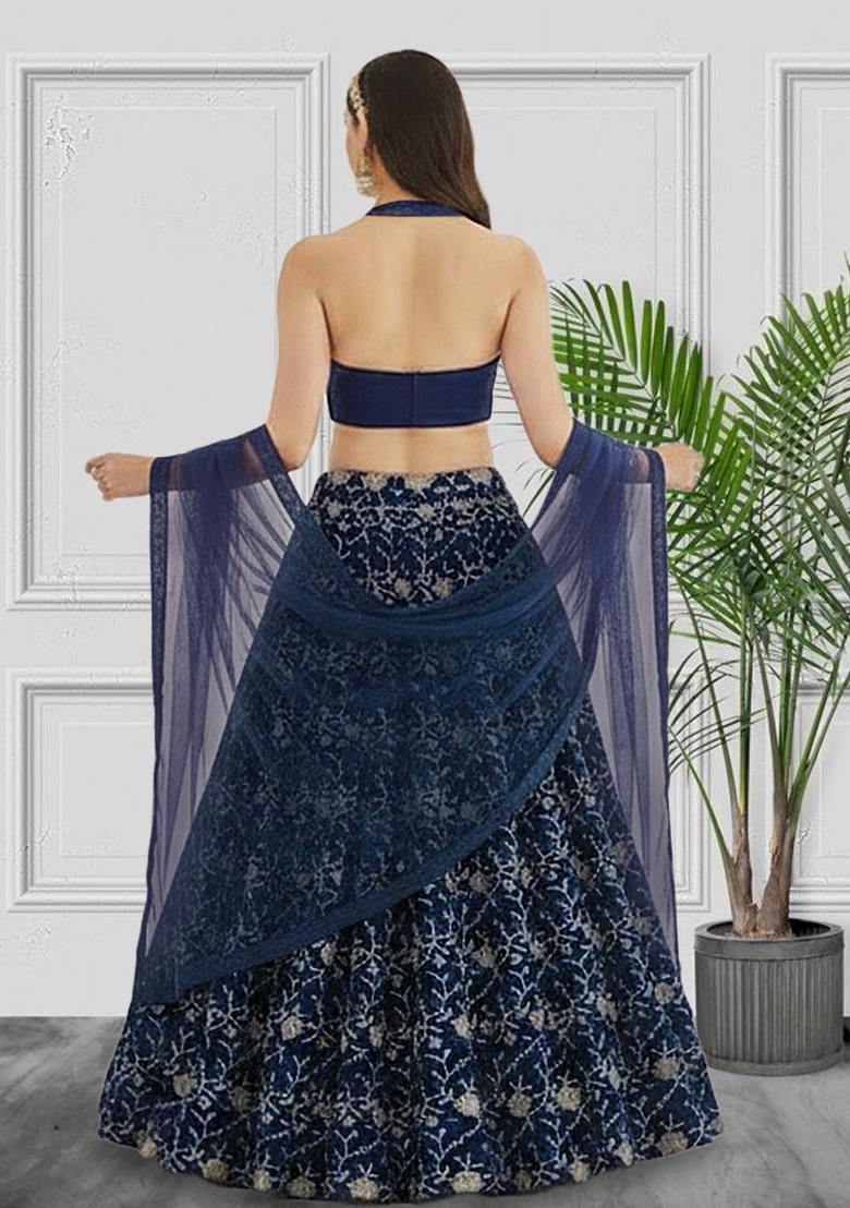 Navy Blue Embroidered Silk Lehenga Set - Indya