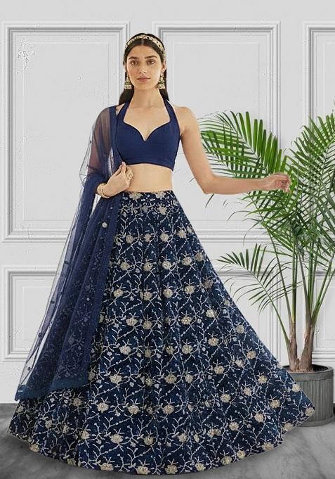Navy Blue Embroidered Silk Lehenga Set