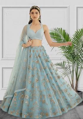 Blue Embroidered Silk Lehenga Set