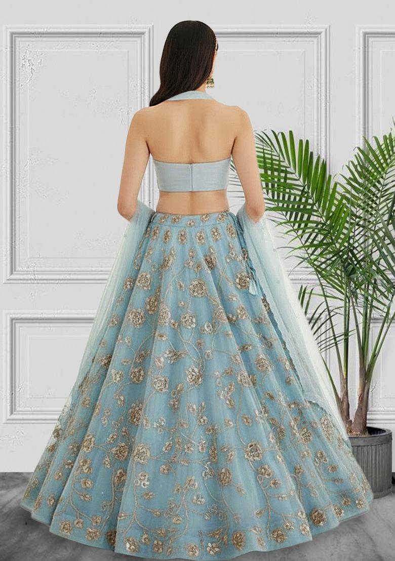 Blue Embroidered Silk Lehenga Set - Indya