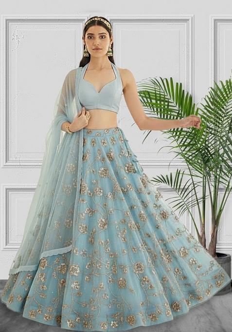 Blue Embroidered Silk Lehenga Set
