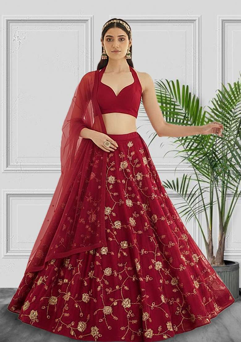 Red Embroidered Silk Blend Lehenga Set - Indya