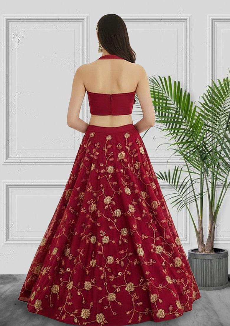 Red Embroidered Silk Lehenga Set - Indya