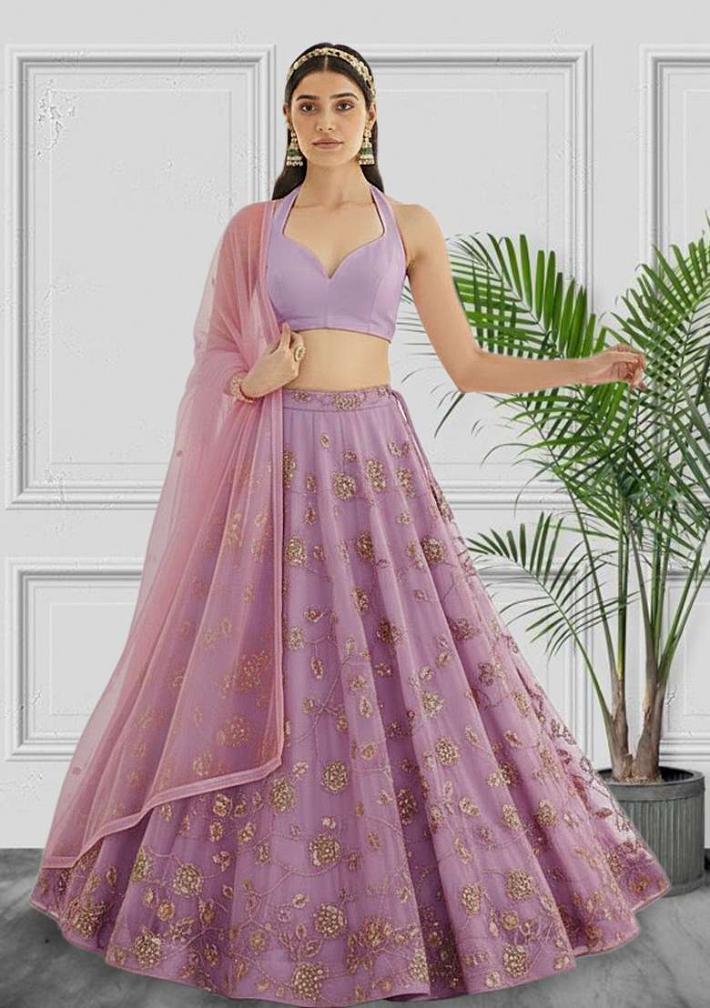 Lavender Embroidered Silk Lehenga Set - Indya