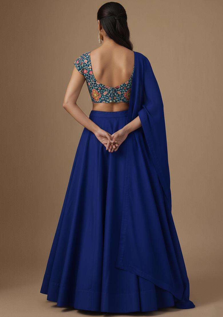 Navy Blue Embroidered Crepe Lehenga Set - Indya