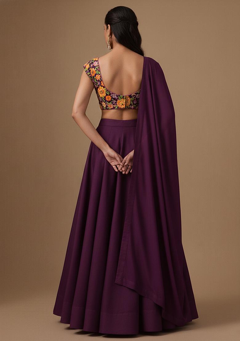Purple Embroidered Crepe Lehenga Set - Indya