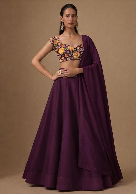 Purple Embroidered Crepe Lehenga Set