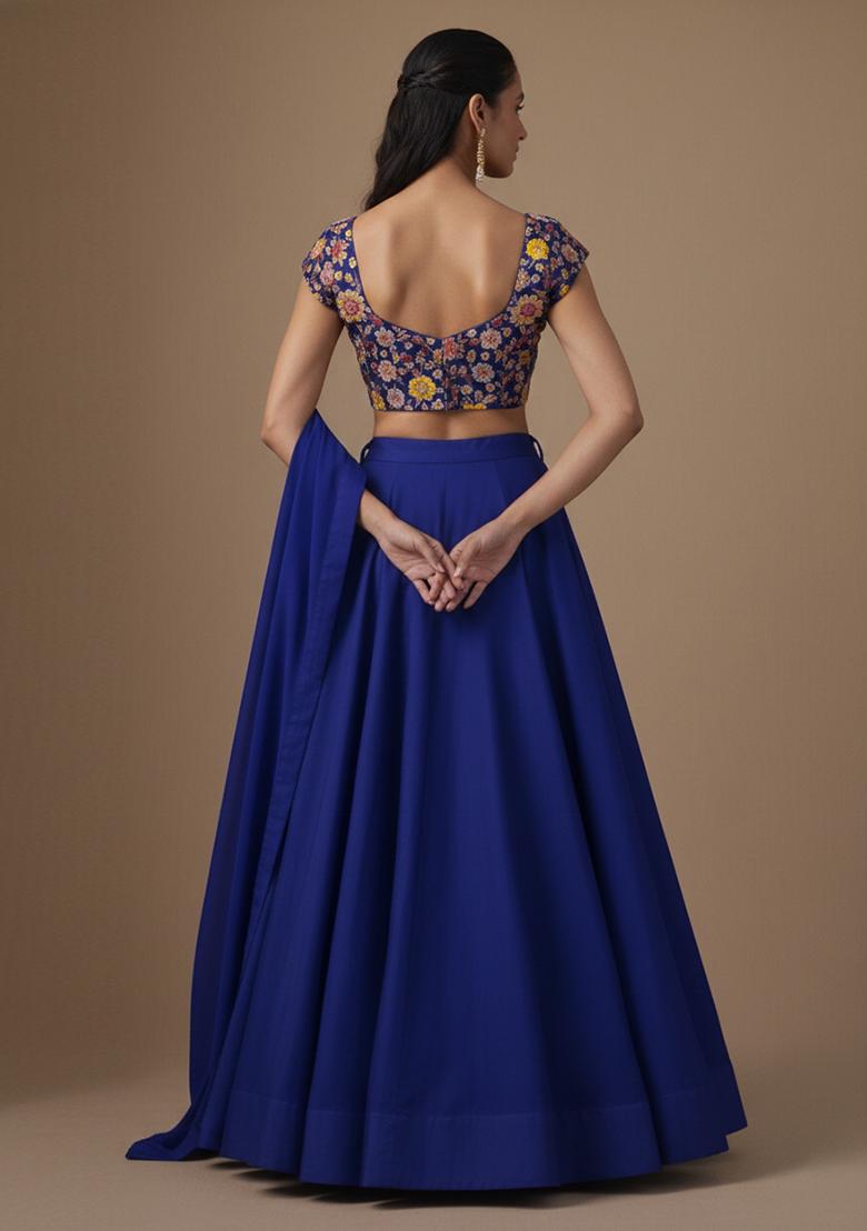 Navy Blue Embroidered Crepe Lehenga Set - Indya