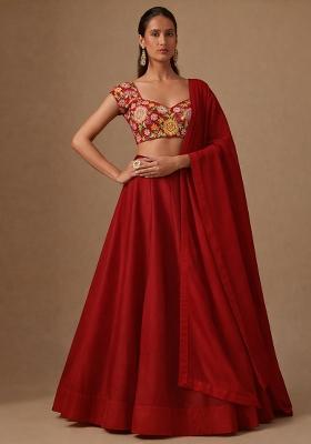 Red Embroidered Crepe Lehenga Set