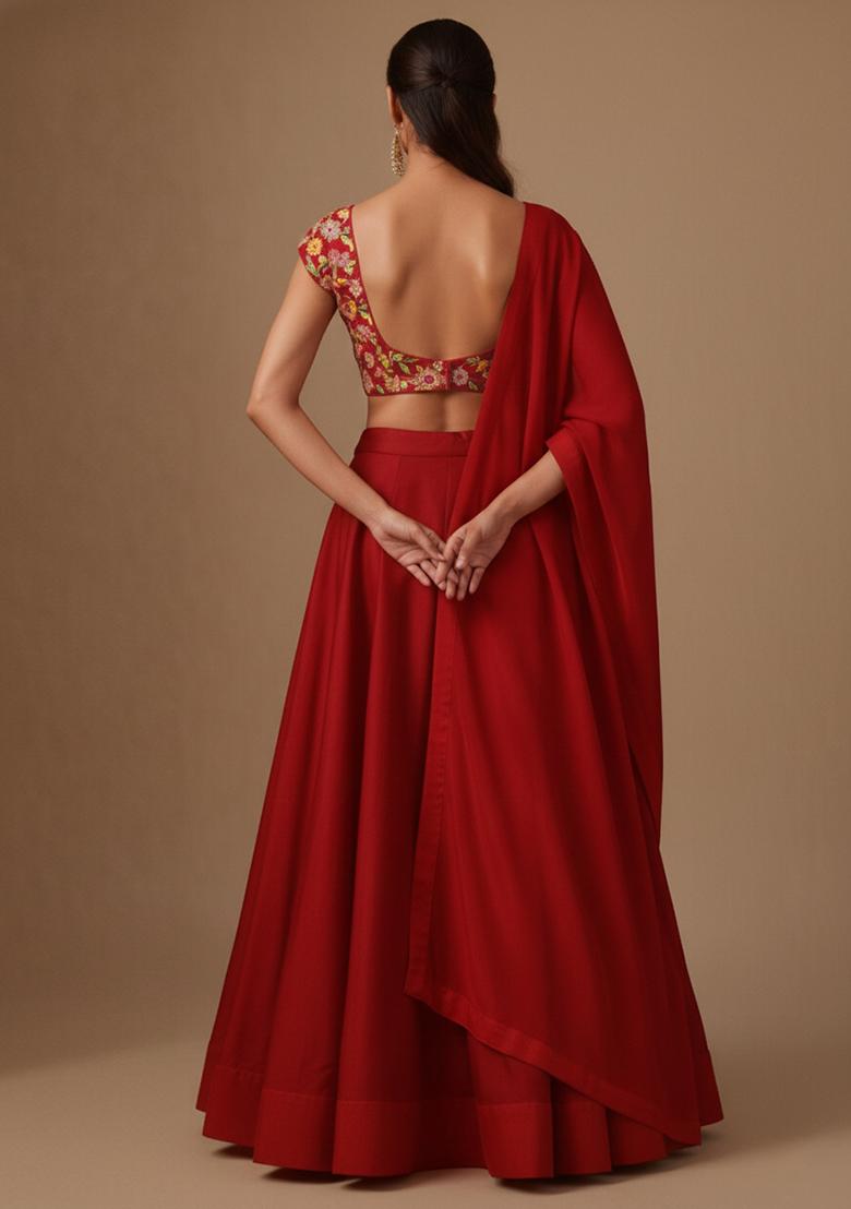 Red Embroidered Crepe Lehenga Set - Indya
