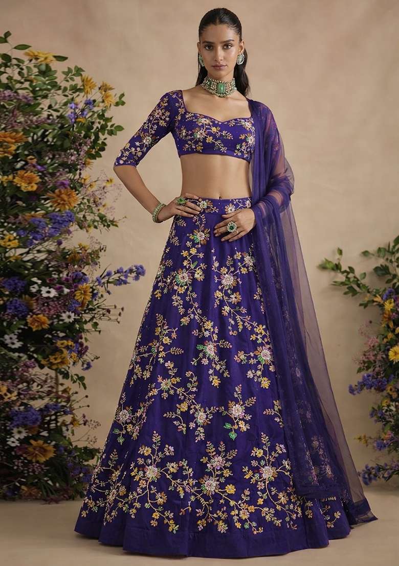 Purple Embroidered Crepe Lehenga Set - Indya