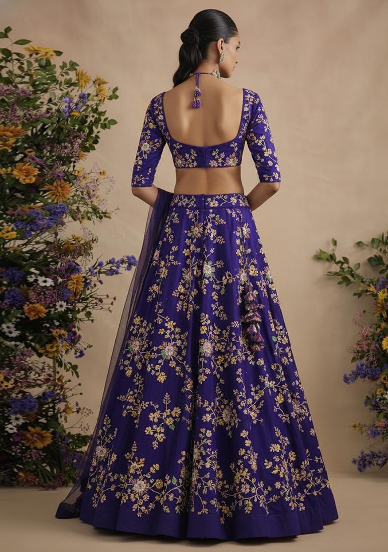 Purple Embroidered Crepe Lehenga Set - Indya