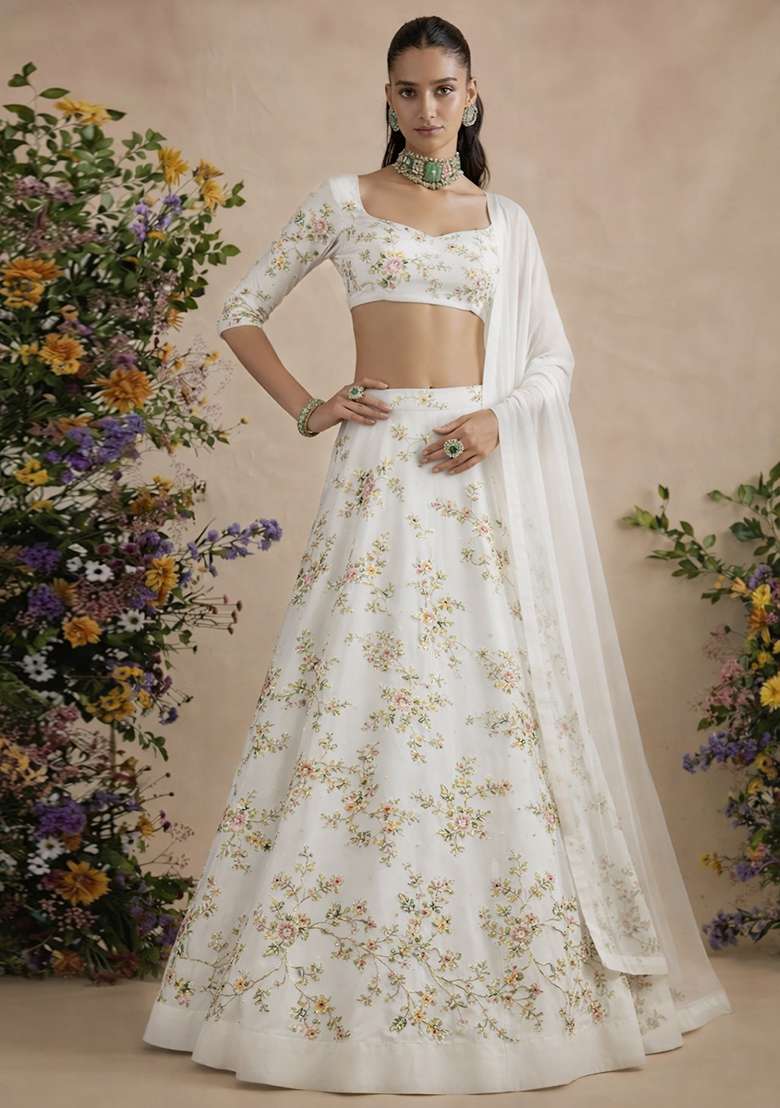 White Embroidered Crepe Lehenga Set - Indya