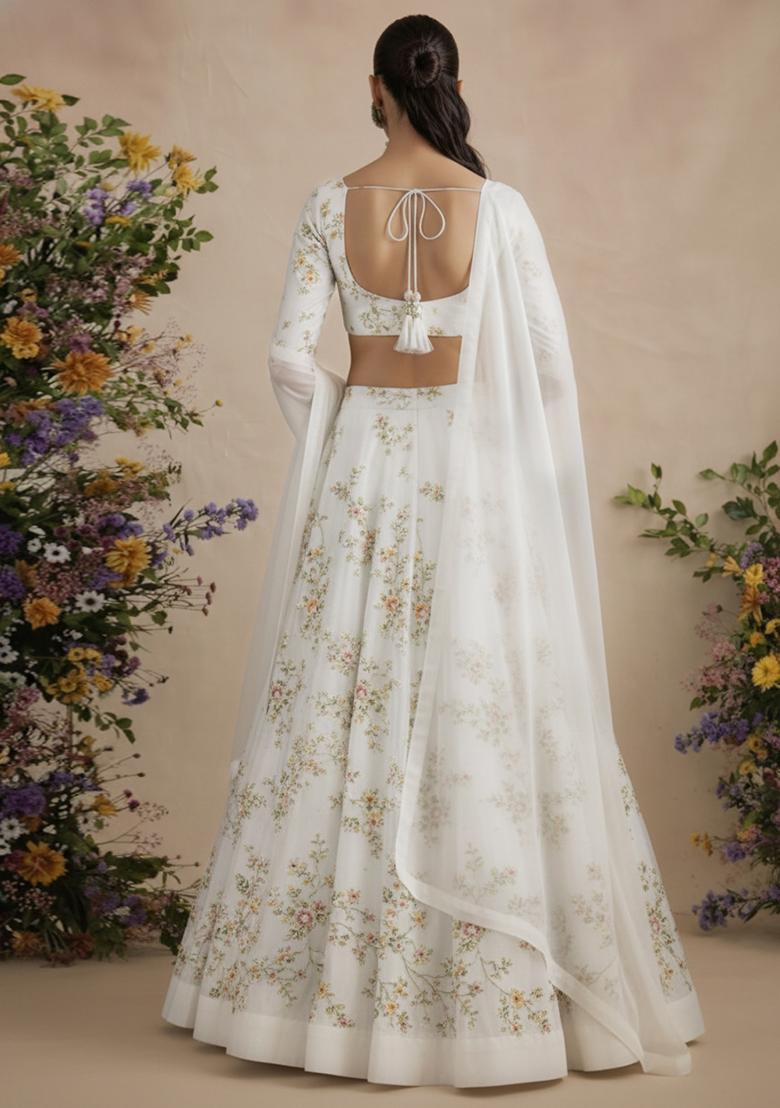White Embroidered Crepe Lehenga Set - Indya