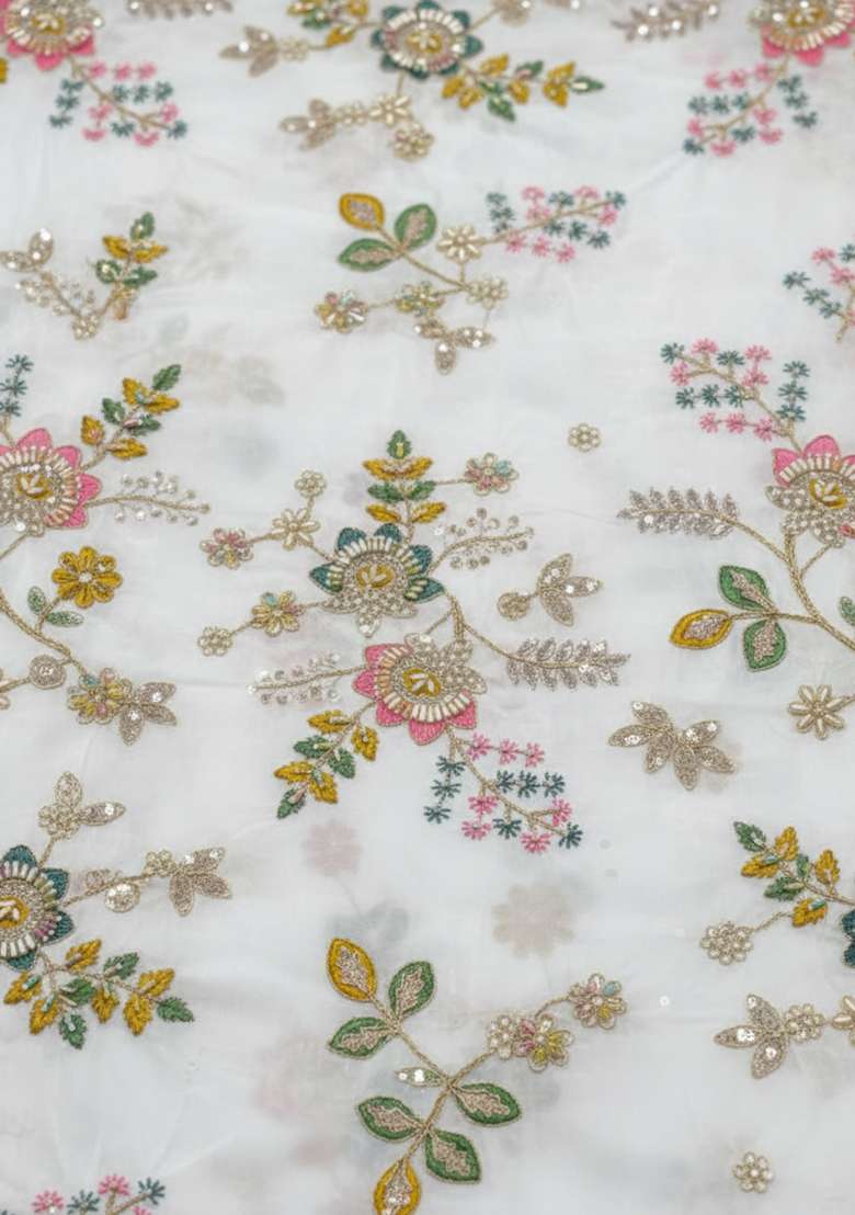White Embroidered Crepe Lehenga Set - Indya