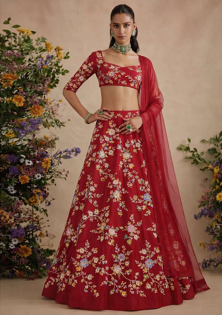 Red Embroidered Crepe Lehenga Set - Indya