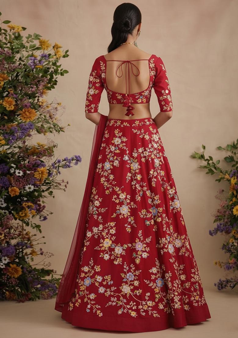 Red Embroidered Crepe Lehenga Set - Indya