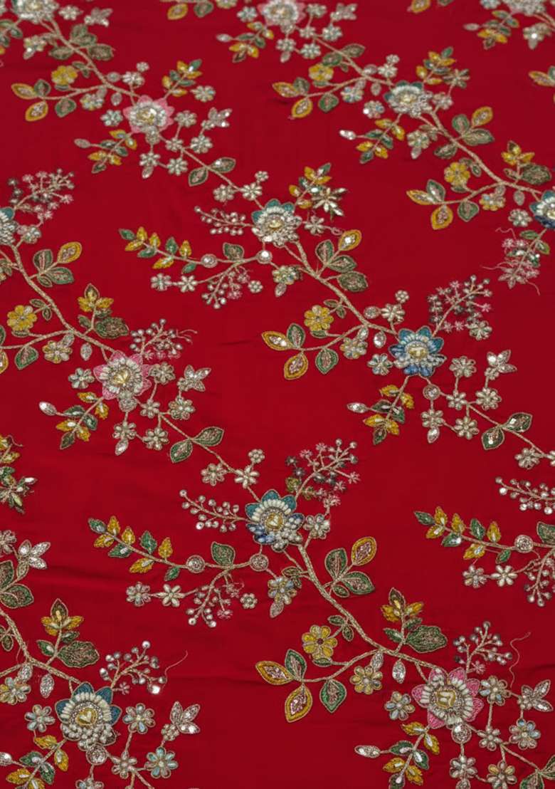 Red Embroidered Crepe Lehenga Set - Indya
