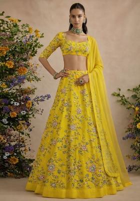 Yellow Embroidered Crepe Lehenga Set
