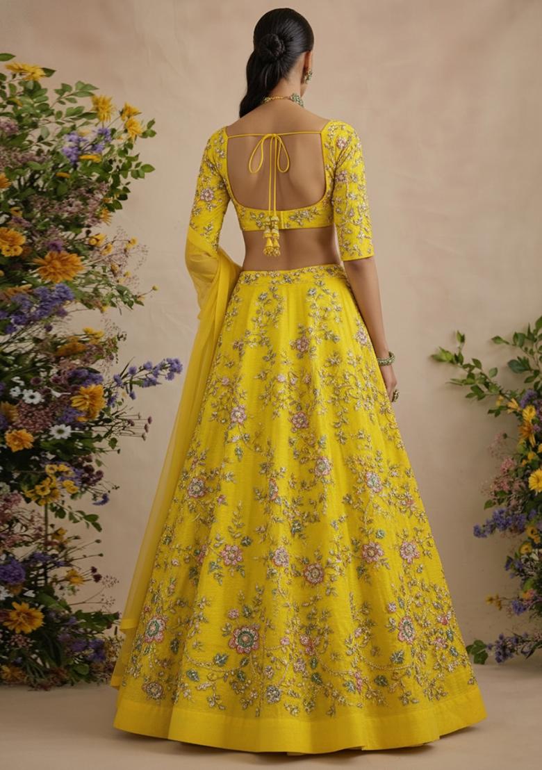 Yellow Embroidered Crepe Lehenga Set - Indya