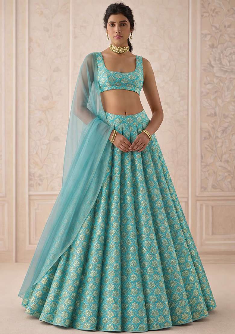 Blue Brocade Lehenga Set - Indya