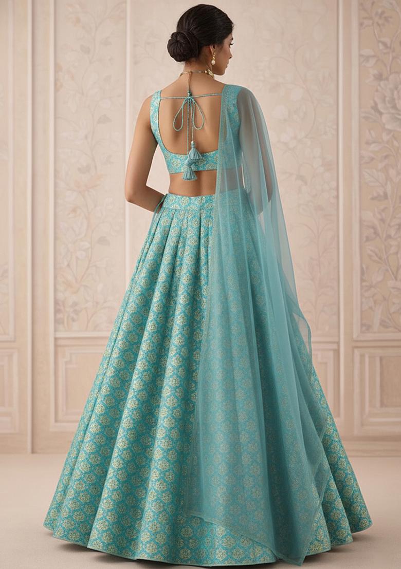 Blue Brocade Lehenga Set - Indya