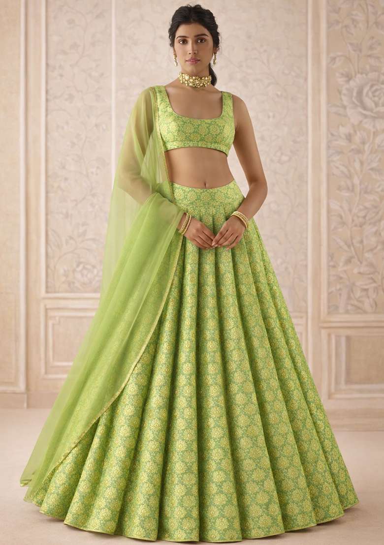 Green Brocade Lehenga Set - Indya