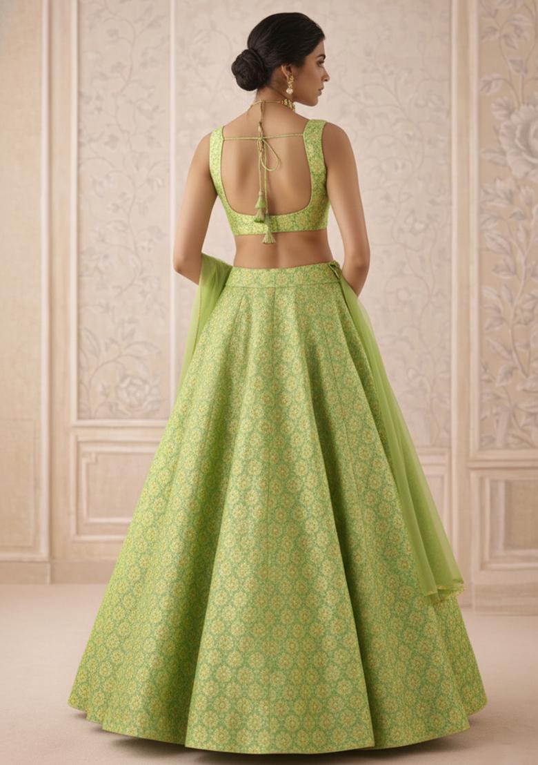 Green Brocade Lehenga Set - Indya