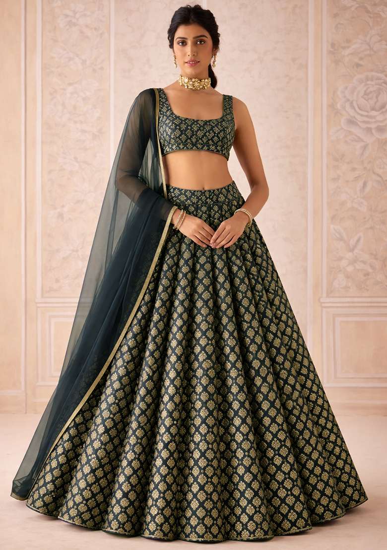 Dark Blue Brocade Lehenga Set - Indya