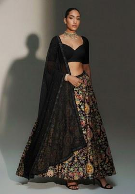 Black Printed Crepe Lehenga Set