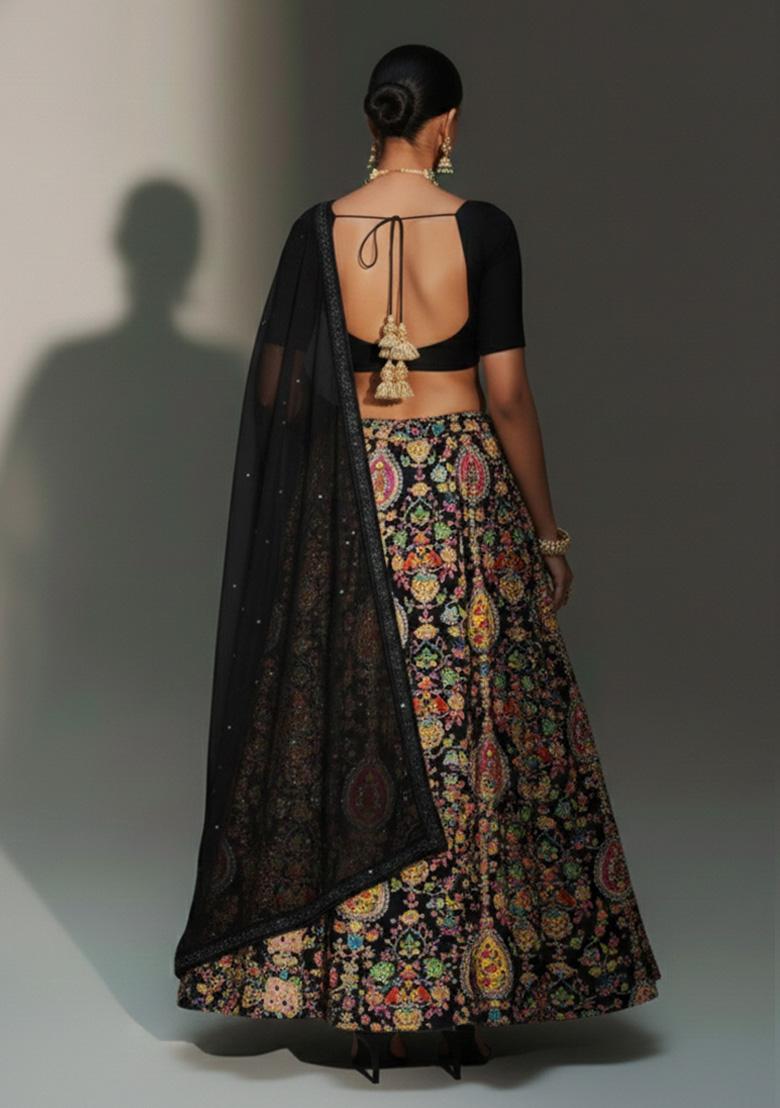 Black Printed Crepe Lehenga Set - Indya