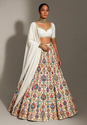 White Printed Crepe Lehenga Set