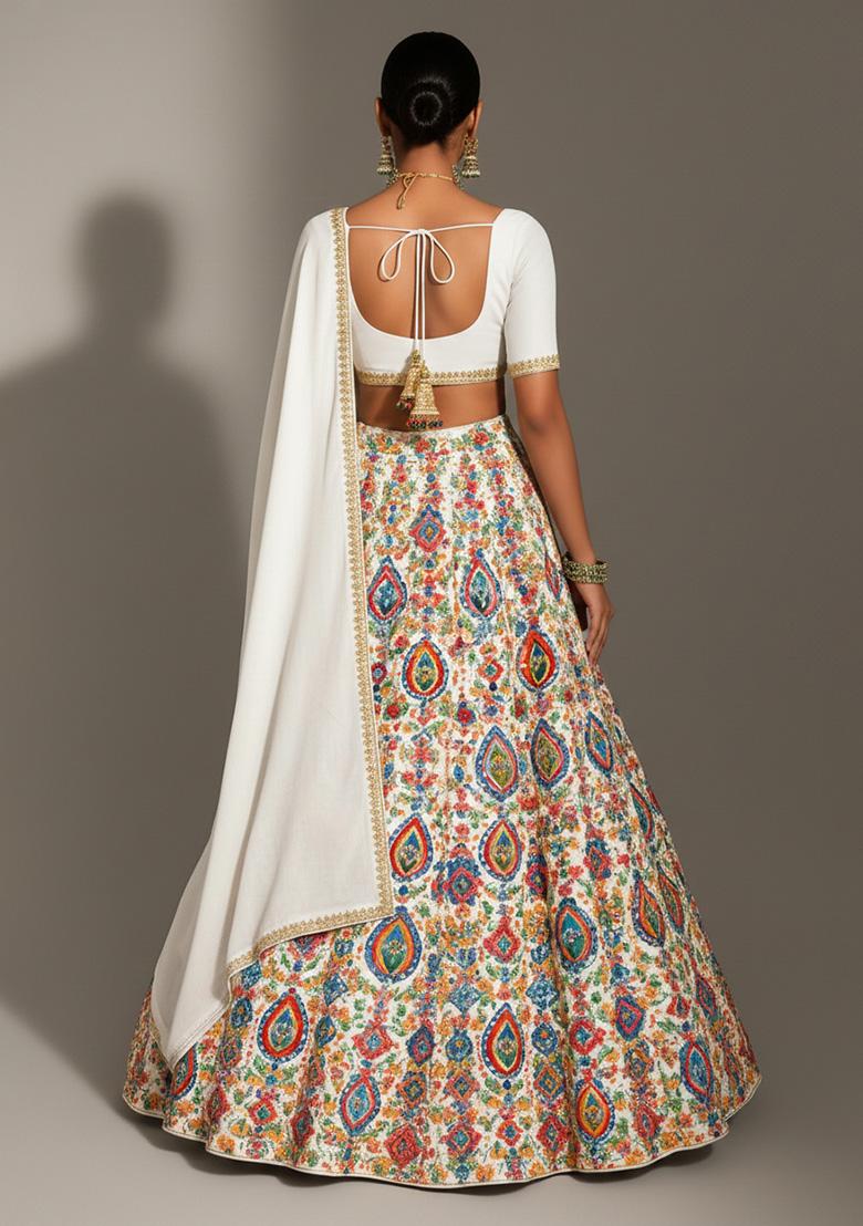 White Printed Crepe Lehenga Set - Indya