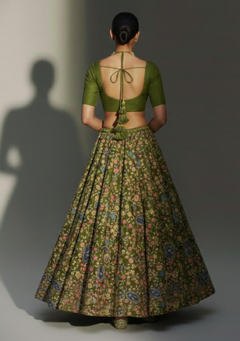 Olive Green Printed Crepe Lehenga Set - Indya