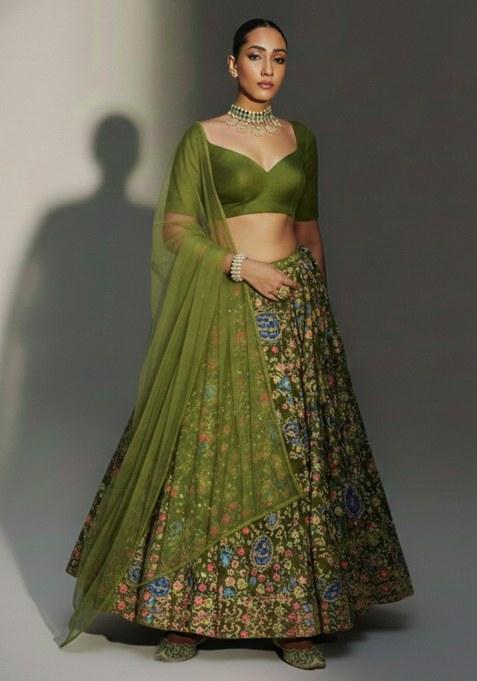 Olive Green Printed Crepe Lehenga Set