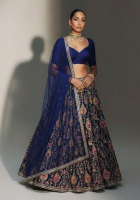 Deep Navy Blue Printed Crepe Lehenga Set