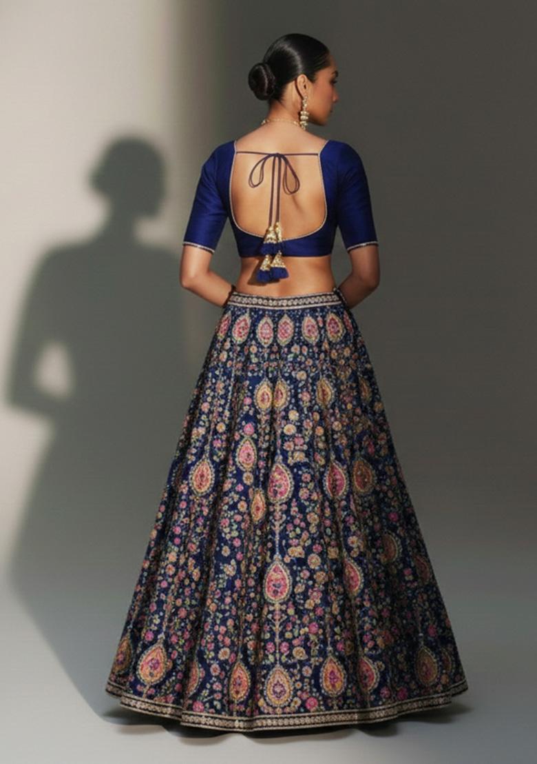 Deep Navy Blue Printed Crepe Lehenga Set - Indya