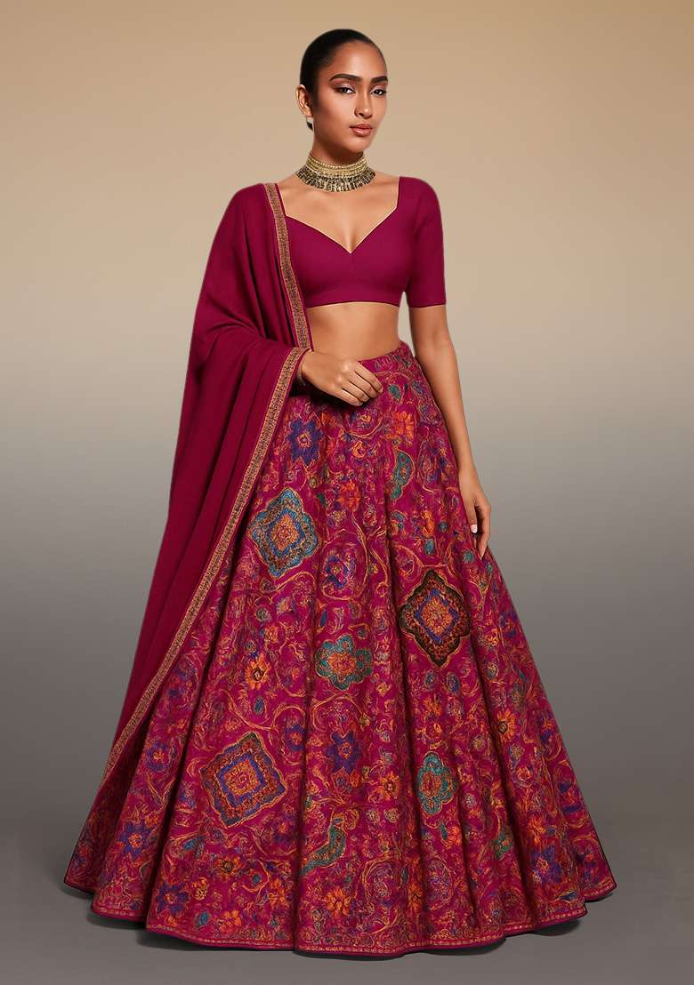 Maroon Printed Crepe Lehenga Set - Indya