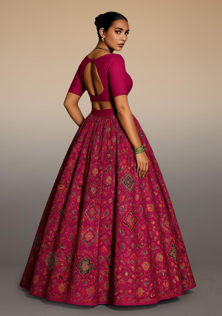 Maroon Printed Crepe Lehenga Set - Indya