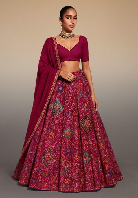 Maroon Printed Crepe Lehenga Set